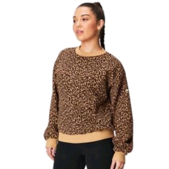 Fabletics Womens Forever Fleece Crewneck Sweatshirt In Wavy Cheetah/Lime SorbetM - Picture 1 of 12